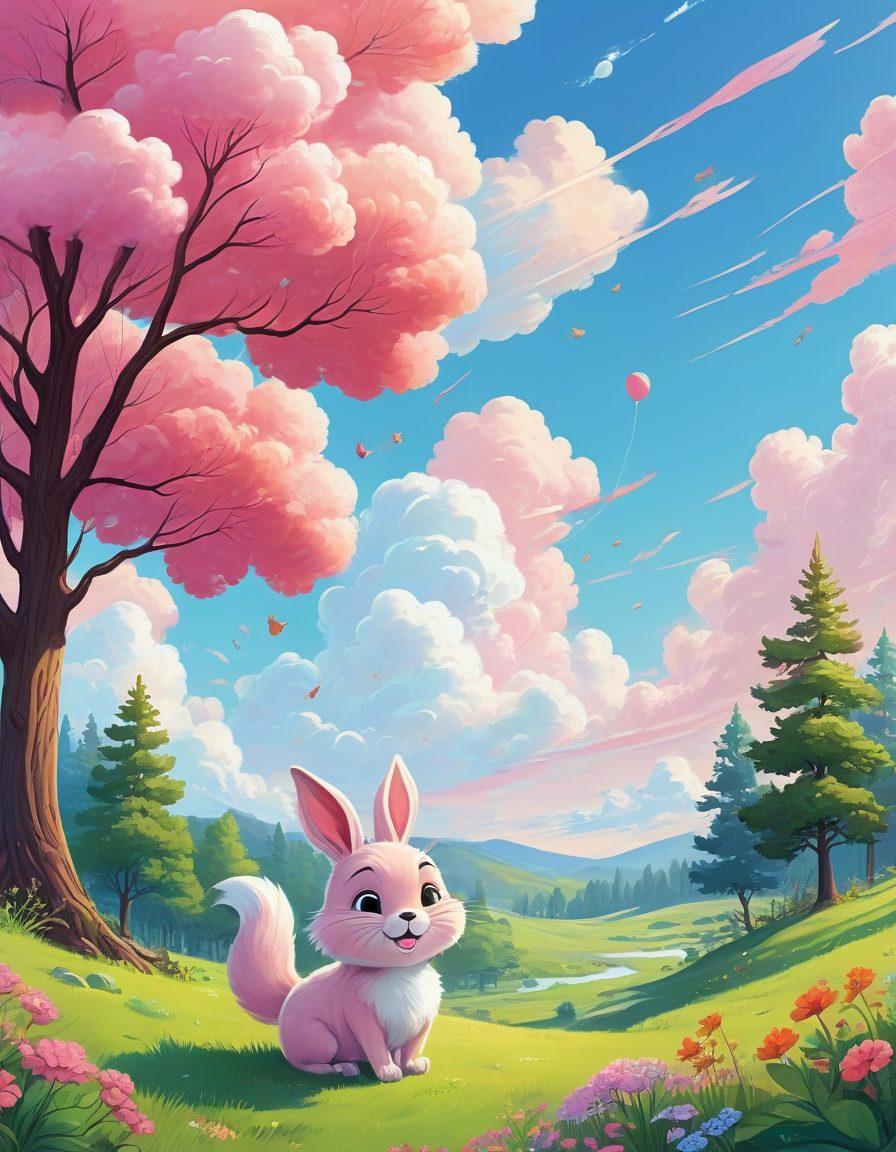 A vibrant scene featuring a whimsical cartoon landscape with colorful trees and playful animals, showcasing characters expressing affection and humor through exaggerated facial expressions and dynamic poses. Include thought bubbles filled with comic-style humor, and a sunny sky filled with animated clouds. The overall vibe should be cheerful and engaging. vivid colors. vector art.