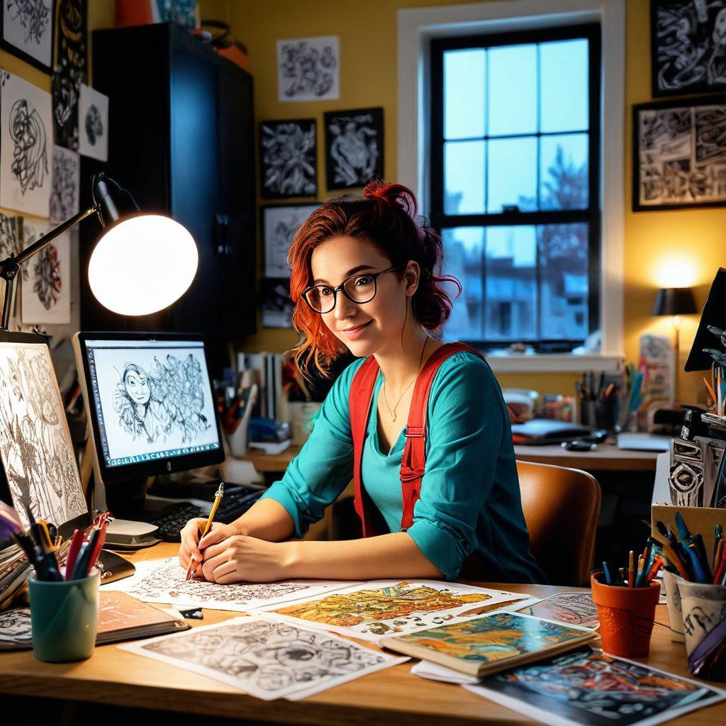 A whimsical comic artist at work, surrounded by vibrant sketches of playful characters infused with affection and humor. In the background, a glowing computer screen displays animated versions of the hand-drawn images, merging traditional and digital art styles. Include colorful ink splatters and playful design elements that convey joy and creativity. super-realistic. vibrant colors. 3D.