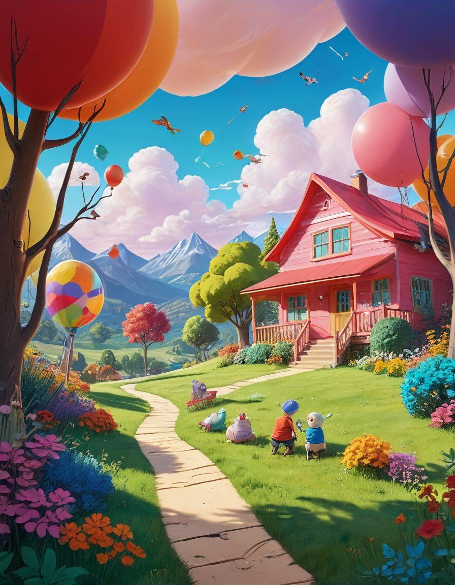 A whimsical scene featuring animated characters bursting into laughter while interacting in a colorful, cartoonish landscape filled with quirky objects like oversized pencils and playful speech bubbles. The atmosphere should convey joy and lightheartedness, showcasing the beauty of humor in storytelling. Include vibrant colors and a blend of various animation styles like 2D and 3D elements. cartoonish style. vibrant colors. playful atmosphere.